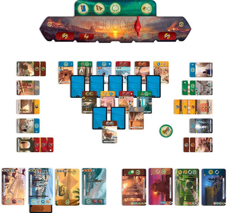 Boîte du jeu 7 Wonders Duel avec guerrier grec, personnage égyptien, pyramides et cité antique au coucher du soleil.