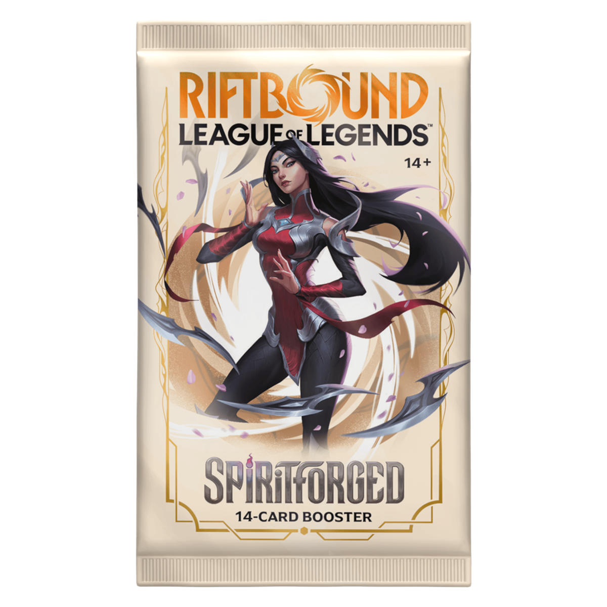 Booster Riftbound Spiritforged Set 2 de 14 cartes à collectionner League of Legends, avec illustration d'Irelia en tenue rouge et noire, entourée de lames flottantes sur un packaging blanc et doré.