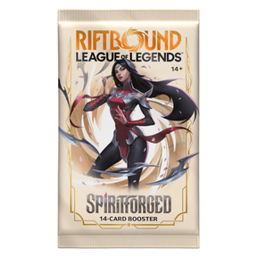 Booster Riftbound Spiritforged Set 2 de 14 cartes à collectionner League of Legends, avec illustration d'Irelia en tenue rouge et noire, entourée de lames flottantes sur un packaging blanc et doré.