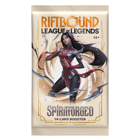 Booster Riftbound Spiritforged Set 2 de 14 cartes à collectionner League of Legends, avec illustration d'Irelia en tenue rouge et noire, entourée de lames flottantes sur un packaging blanc et doré.