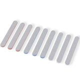 Set de 10 bâtonnets abrasifs Mini Sanding Stick Bandai Spirits pour Gunpla et maquettes, avec surfaces grises et bordures rouges, bleues et grises sur fond blanc.