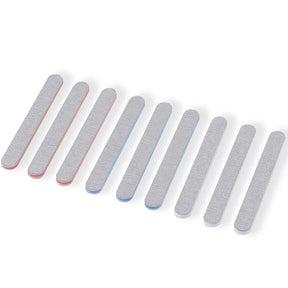 Set de 10 bâtonnets abrasifs Mini Sanding Stick Bandai Spirits pour Gunpla et maquettes, avec surfaces grises et bordures rouges, bleues et grises sur fond blanc.