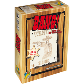 Boîte du jeu de cartes Bang! de Emiliano Sciarra, avec packaging effet bois, grand logo rouge Bang!, affiche de cowboy recherché et étoile de shérif indiquant 500 000 exemplaires vendus.