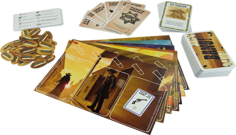 Boîte du jeu de cartes Bang! de Emiliano Sciarra, avec packaging effet bois, grand logo rouge Bang!, affiche de cowboy recherché et étoile de shérif indiquant 500 000 exemplaires vendus.