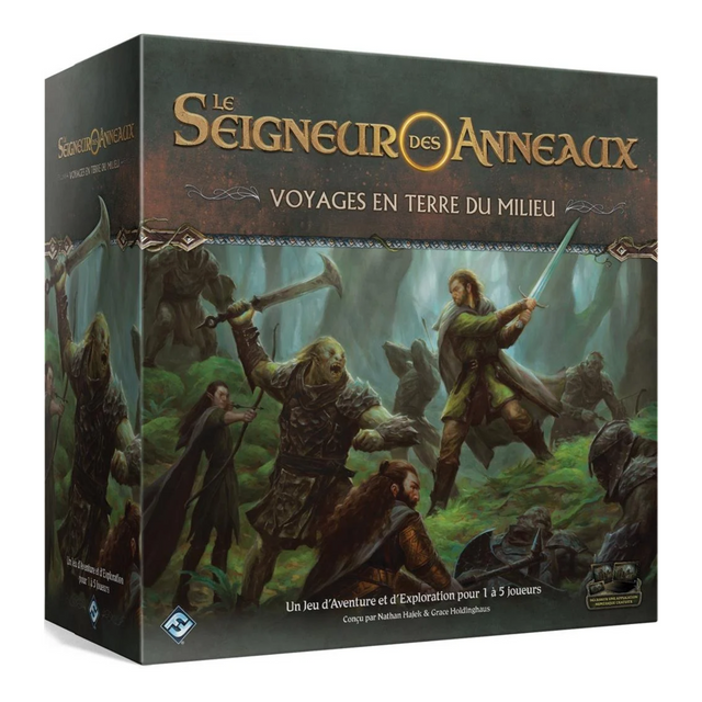 Boîte du jeu de société Le Seigneur des Anneaux : Voyages en Terre du Milieu de Fantasy Flight Games, illustrant des héros combattant des Orques dans une forêt sombre, jeu coopératif pour 1 à 5 joueurs.