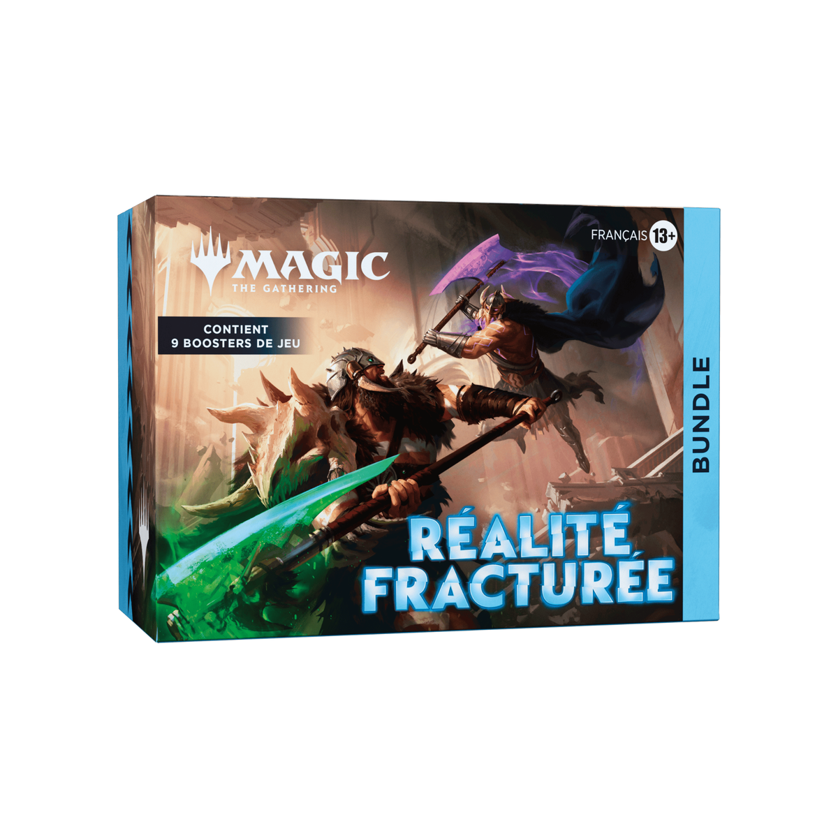 Bundle Magic: The Gathering Réalité Fracturée en français contenant 9 boosters de jeu, avec illustration de guerriers en combat et effets magiques verts et violets.