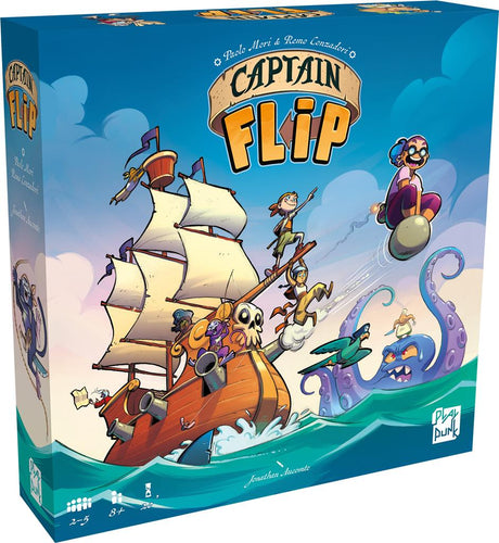 Boîte du jeu Captain Flip avec bateau pirate, personnages bondissants, tentacules et monstre marin dans un univers coloré.