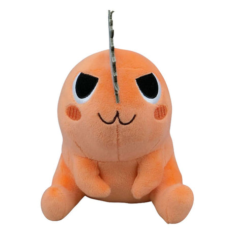 Peluche Pochita assise version Naughty de Chainsaw Man, 20 cm, avec expression espiègle et scie frontale.