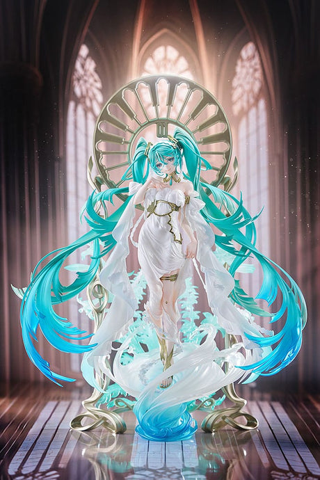 igurine Hatsune Miku PVC 1/7 – Version Yoneyama Mai, robe blanche et socle décoratif doré, 34 cm