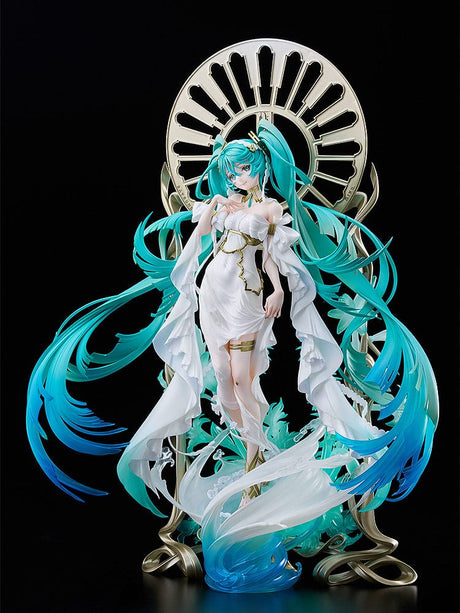 igurine Hatsune Miku PVC 1/7 – Version Yoneyama Mai, robe blanche et socle décoratif doré, 34 cm
