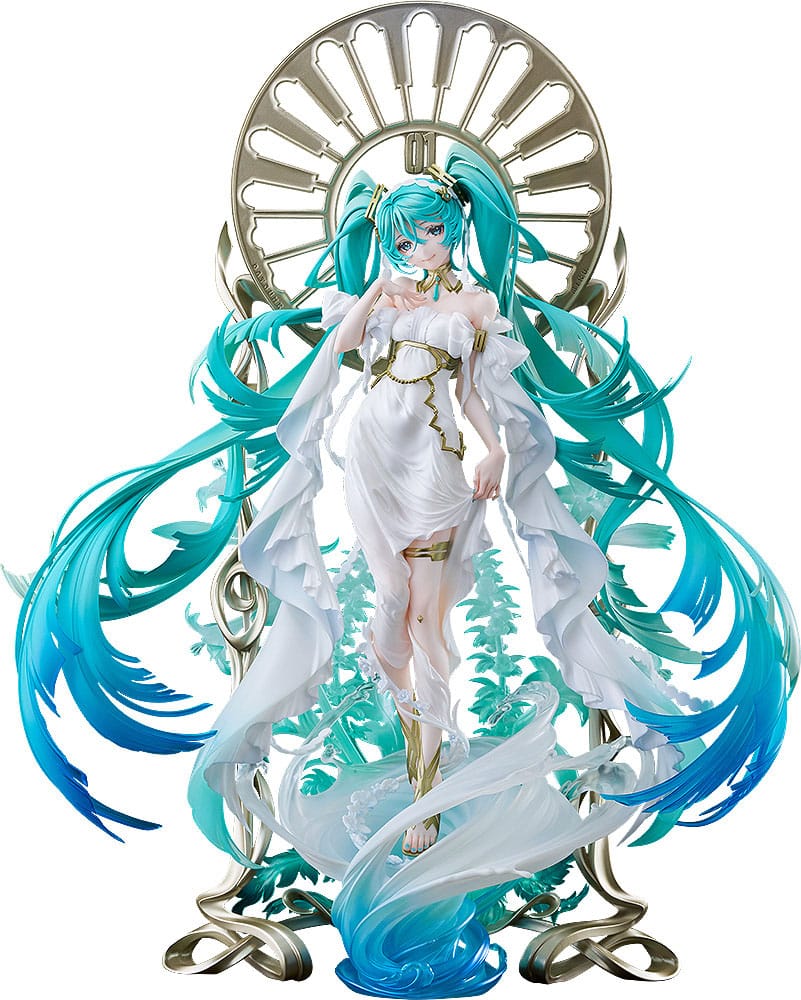 igurine Hatsune Miku PVC 1/7 – Version Yoneyama Mai, robe blanche et socle décoratif doré, 34 cm