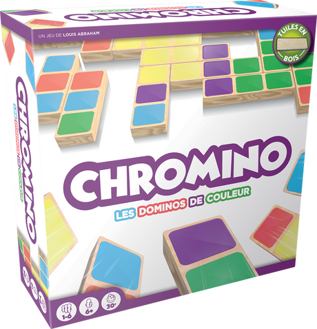 Boîte du jeu Chromino avec tuiles en bois colorées, domininos de couleur et indications 1 à 6 joueurs, dès 6 ans, 30 minutes.
