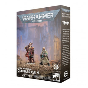 Boîte Warhammer 40,000 Astra Militarum Ciaphas Cain contenant 2 figurines Citadel, avec le commissaire Cain et son aide sur le visuel.