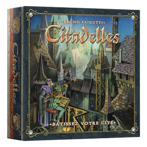 Boîte du jeu de société Citadelles Classique de Bruno Faidutti, illustrant deux personnages observant une cité médiévale depuis un balcon, avec tours, toits et ornements dorés.