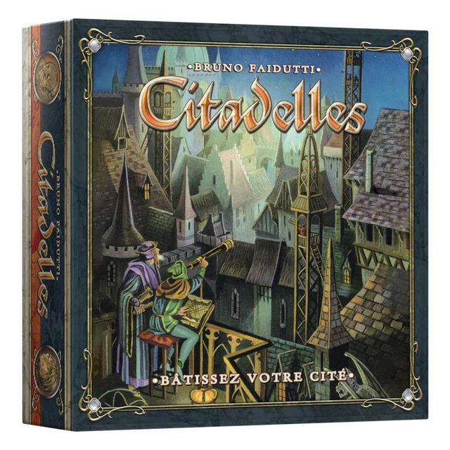 Boîte du jeu de société Citadelles Classique de Bruno Faidutti, illustrant deux personnages observant une cité médiévale depuis un balcon, avec tours, toits et ornements dorés.