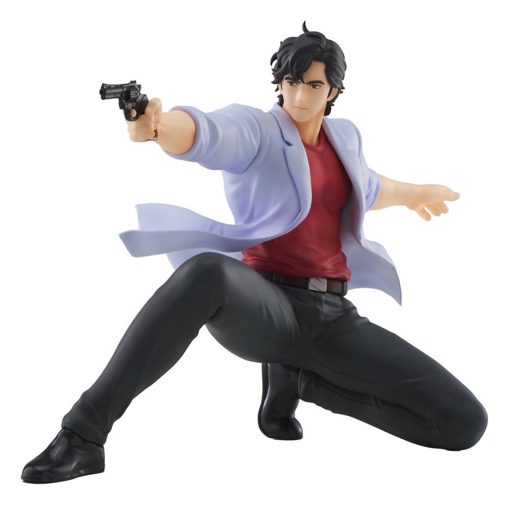 Figurine City Hunter Noodle Stopper Ryo Saeba, personnage agenouillé avec veste claire, t-shirt rouge et revolver pointé.