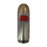 Coffret collector Bang! The Bullet de dV Giochi, boîte métallique en forme de balle de revolver avec pointe dorée, corps argenté gravé et logo Bang! rouge.