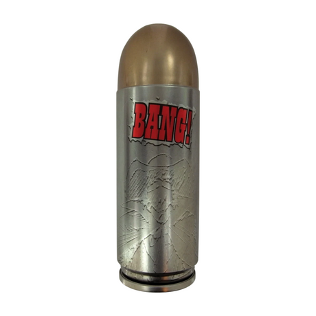 Coffret collector Bang! The Bullet de dV Giochi, boîte métallique en forme de balle de revolver avec pointe dorée, corps argenté gravé et logo Bang! rouge.