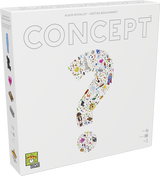 Boîte du jeu Concept blanche avec grand point d’interrogation composé de petites icônes colorées, logo Repos Production en bas.