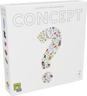 Boîte du jeu Concept blanche avec grand point d’interrogation composé de petites icônes colorées, logo Repos Production en bas.