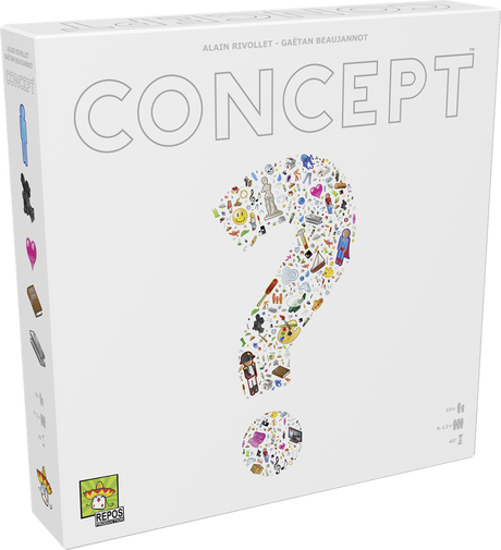 Boîte du jeu Concept blanche avec grand point d’interrogation composé de petites icônes colorées, logo Repos Production en bas.