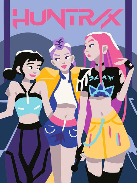 CreArt Ravensburger KPop Demon Hunters HUNTR/X, peinture par numéros 18 x 24 cm avec les trois héroïnes du groupe sur fond violet.