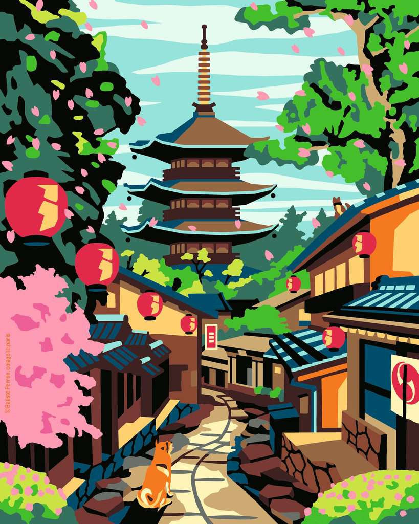 CreArt Ravensburger Adultes Tendance Japan de Batiste Perron, peinture par numéros 24 x 30 cm avec ruelle japonaise, pagode, lanternes rouges et chat.
