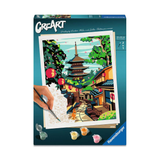 CreArt Ravensburger Adultes Tendance Japan de Batiste Perron, peinture par numéros 24 x 30 cm avec ruelle japonaise, pagode, lanternes rouges et chat.
