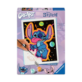 Boîte CreArt Ravensburger Disney Stitch Lost in Space, peinture par numéros 18 x 24 cm avec Stitch sur fond spatial noir et effets néon colorés.