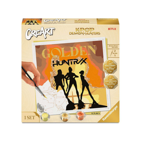 Boîte CreArt Ravensburger KPop Demon Hunters Golden, peinture par numéros 20 x 20 cm avec silhouettes HUNTR/X, peinture dorée et paillettes.