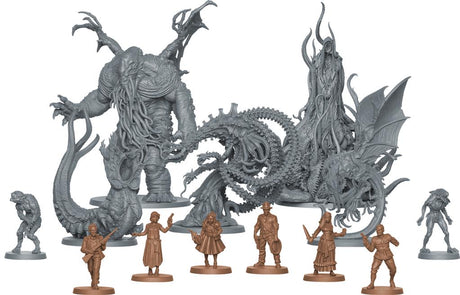 Boîte du jeu de société Cthulhu Death May Die de CMON, représentant une gigantesque créature lovecraftienne sombre aux tentacules et aux nombreux yeux rouges lumineux, avec le logo du jeu au premier plan.