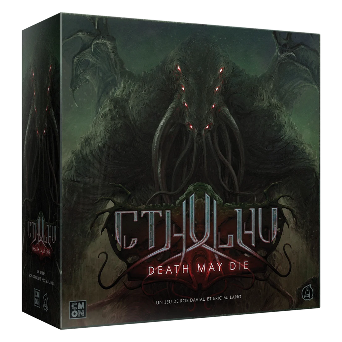 Boîte du jeu de société Cthulhu Death May Die de CMON, représentant une gigantesque créature lovecraftienne sombre aux tentacules et aux nombreux yeux rouges lumineux, avec le logo du jeu au premier plan.