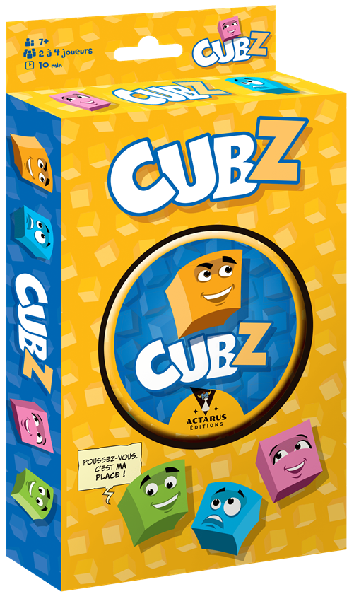 Boîte du jeu de société Cubz par Actarus Éditions, avec personnages en forme de cubes colorés sur fond jaune.