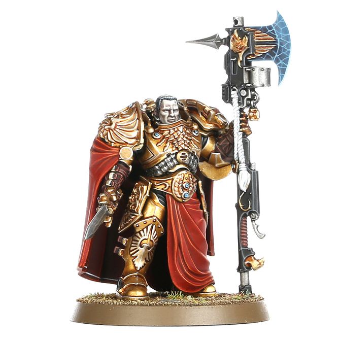 Boîte de figurines Warhammer 40K Custodian Wardens, contenant 5 soldats des Adeptus Custodes en armure dorée, avec lances et haches, prêts à défendre l’Empereur.