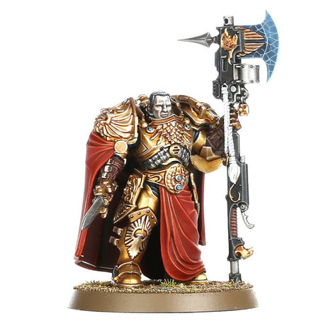 Boîte de figurines Warhammer 40K Custodian Wardens, contenant 5 soldats des Adeptus Custodes en armure dorée, avec lances et haches, prêts à défendre l’Empereur.
