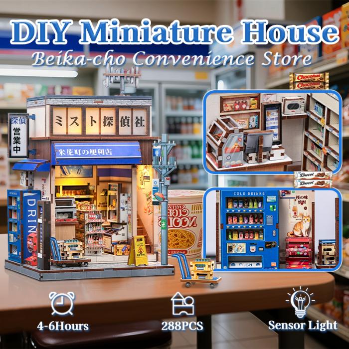 Maquette CuteBee Beika-cho Convenience Store DIY Miniature House représentant une supérette japonaise miniature de 288 pièces avec lumière à capteur.