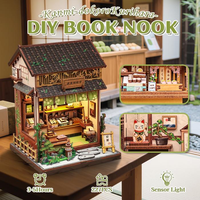 Maquette CuteBee Kanmi-dokoro Kurihara DIY Book Nook représentant une pâtisserie japonaise miniature de 227 pièces avec lumière à capteur.