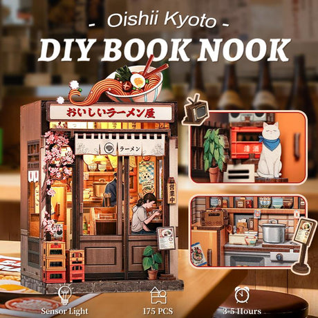 Maquette CuteBee Oishii Kyoto DIY Book Nook représentant une boutique de ramen japonaise miniature de 175 pièces avec lumière à capteur.