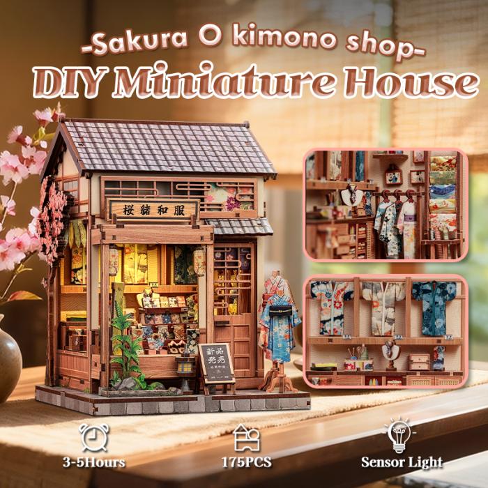 Maquette CuteBee Sakura O Kimono Shop DIY Miniature House représentant une boutique japonaise de kimonos avec 175 pièces et lumière à capteur.