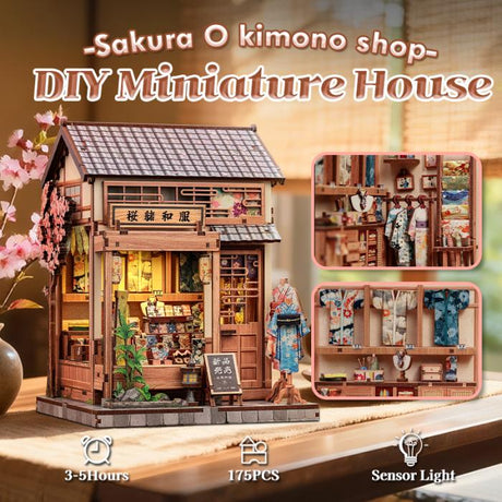 Maquette CuteBee Sakura O Kimono Shop DIY Miniature House représentant une boutique japonaise de kimonos avec 175 pièces et lumière à capteur.