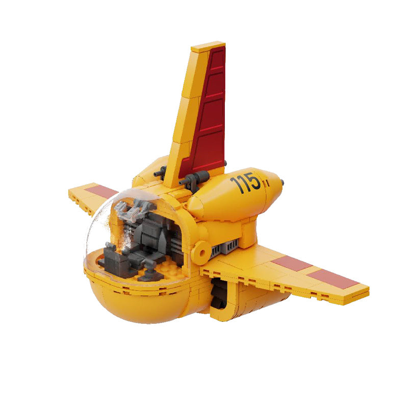 Modèle à construire Dragon Ball Classic Ride Pantasy Yamcha Airplane jaune avec verrière transparente sur fond blanc.