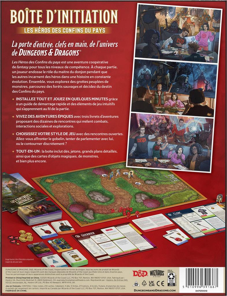 Boîte d'initiation Donjons & Dragons Les Héros des Confins du Pays en français, illustrant un immense dragon rouge affrontant des aventuriers armés d'épées et de magie dans une forêt fantastique.