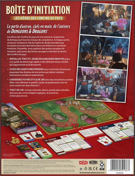 Boîte d'initiation Donjons & Dragons Les Héros des Confins du Pays en français, illustrant un immense dragon rouge affrontant des aventuriers armés d'épées et de magie dans une forêt fantastique.
