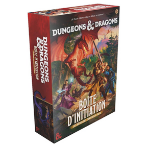 Boîte d'initiation Donjons & Dragons Les Héros des Confins du Pays en français, illustrant un immense dragon rouge affrontant des aventuriers armés d'épées et de magie dans une forêt fantastique.