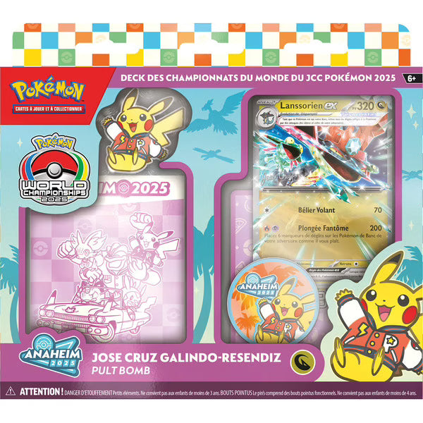 Boîte du Deck Pokémon des Championnats du Monde 2025 Jose Cruz Galindo-Resendiz Pult Bomb avec Lanssorien ex et Pikachu mascotte.