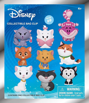 Disney Cats Collectible Bag Clip Series 69 avec plusieurs chats Disney chibi, dont Marie, Figaro et le Chat du Cheshire.
