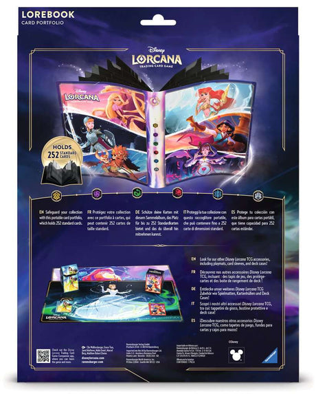 Album de collection Disney Lorcana Princesses ouvert, avec illustrations de Raiponce, Ariel, Jasmine, Cendrillon et autres héroïnes Disney.