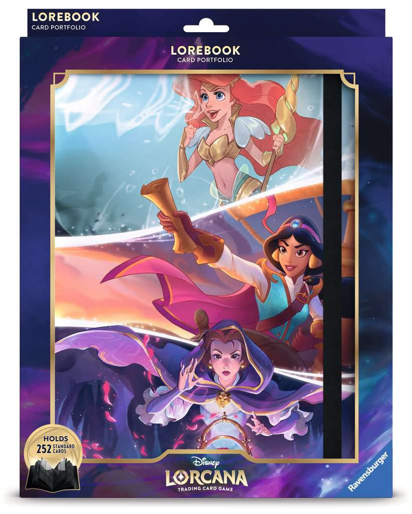 Album de collection Disney Lorcana Princesses ouvert, avec illustrations de Raiponce, Ariel, Jasmine, Cendrillon et autres héroïnes Disney.