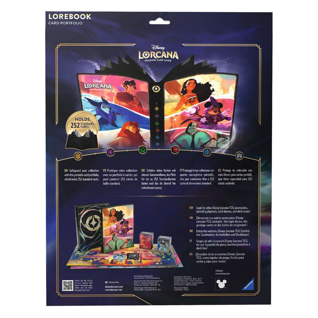 Album de collection Disney Lorcana ouvert avec illustrations de Mickey, Vaiana, Cruella d’Enfer, Maléfique, Hercule, Simba et Kronk.