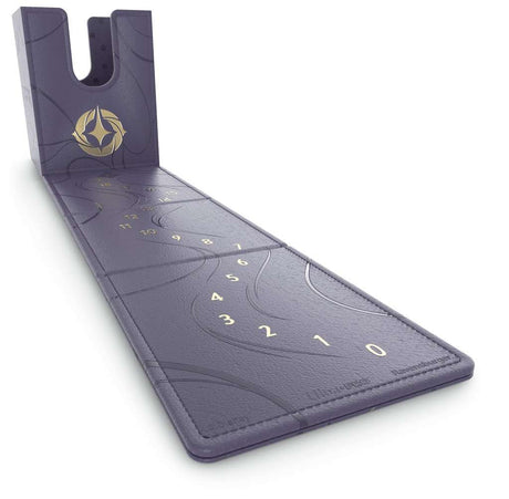 Boîte de rangement Ultra Pro Disney Lorcana gris-violet avec logo doré, conçue pour protéger et transporter des decks de cartes.